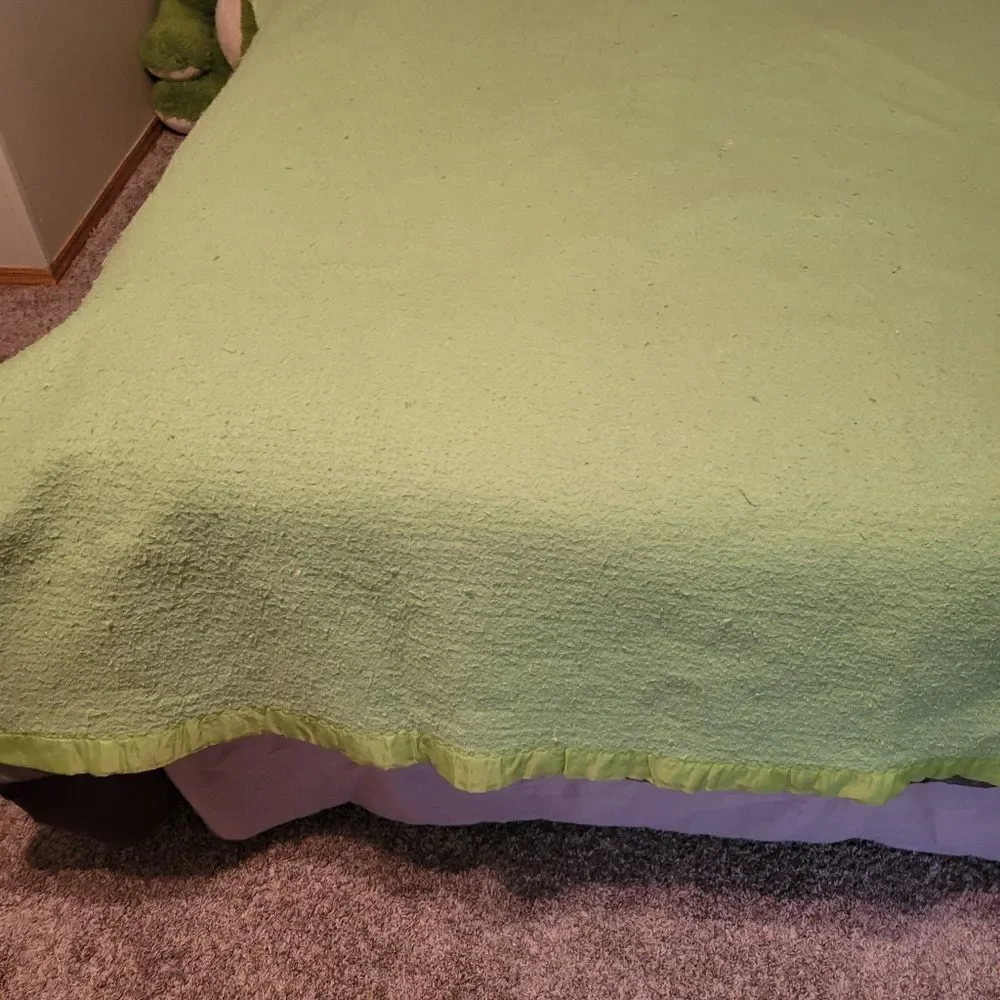 1950s vintage warm wooly bed blanket, pure wool blanket w/ satin binding